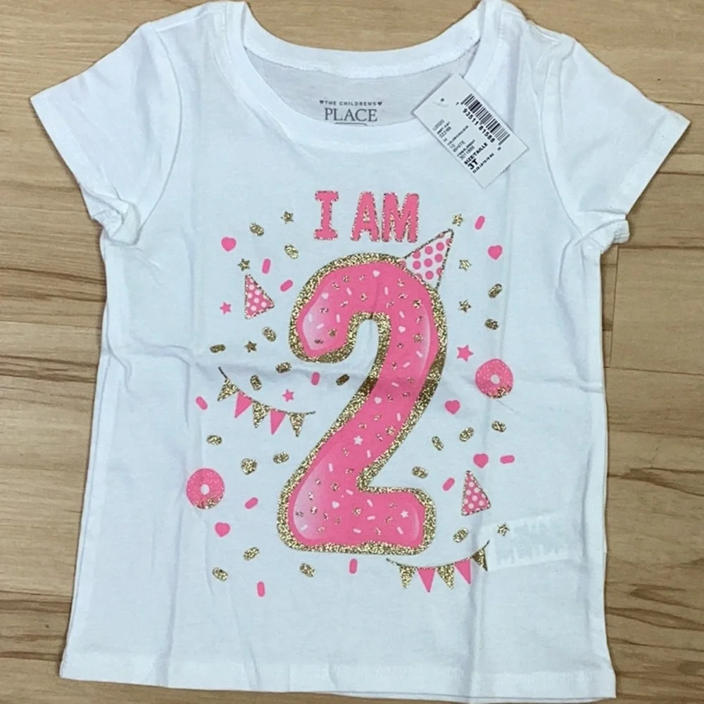 The Children’s Place Pink Gold Glitter Bling Number Two White Birthday Tee Shirt